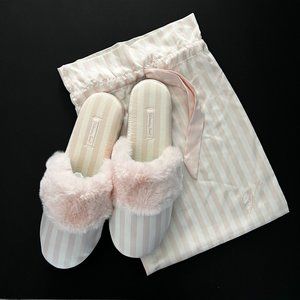 Victoria's Secret Pink Striped Slippers Faux Fur Size 10 Large 11 Travel…